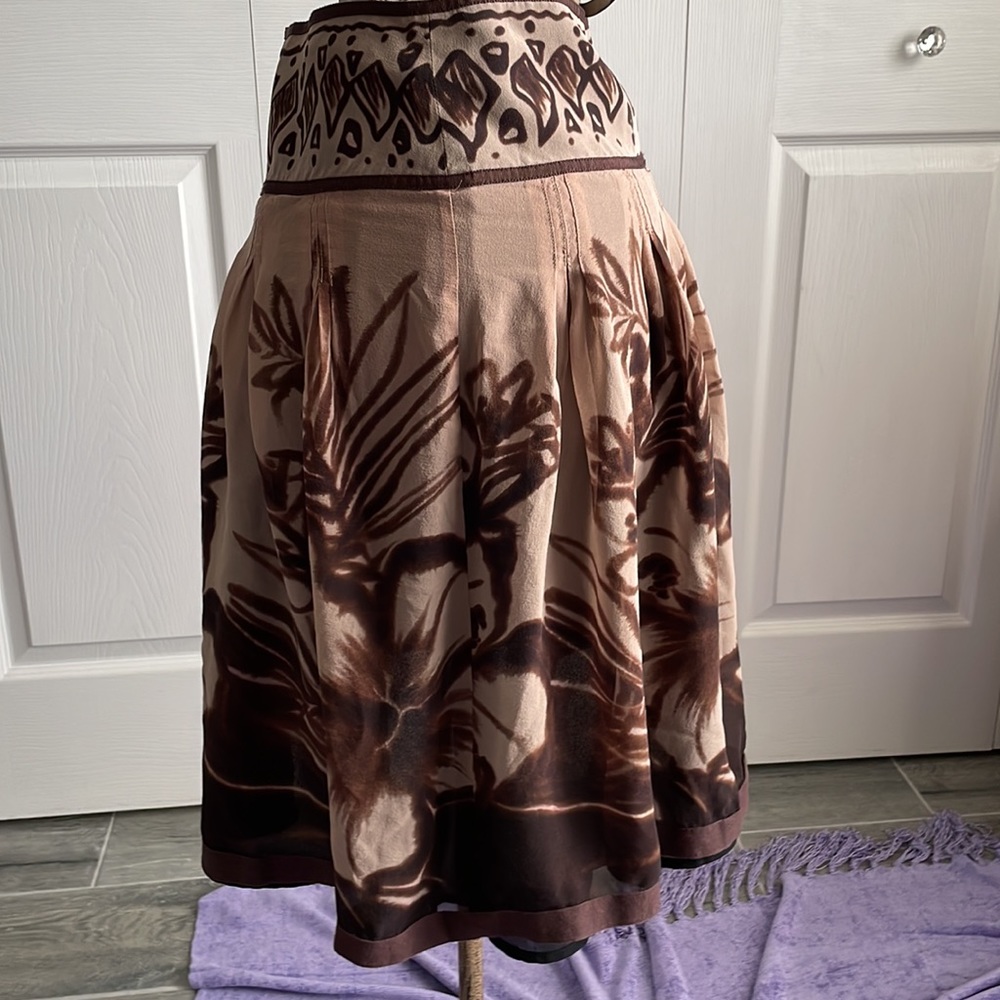 The Limited A Line silk pleats knee length skirt brown tan floral zipper vintage - Picture 3 of 16